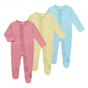 Custom Bamboo Fiber Baby Long Sleeve Hip Ruffle Zipper Up Bodysuits Footie Sleeper Newborn Girls Romper Jumpsuit Baby Pyjamas