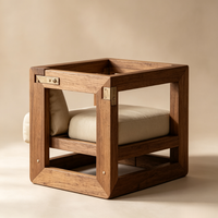 Fauteuil d'appoint en bois massif de style mid-century, avec coussin en cuir, design ergonomique, coussin amovible, finition antique pour salon