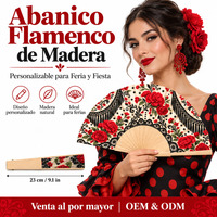 Éventail en bois classique espagnol de 23 cm, pliable, avec dentelle blanche et rose, pour la fête espagnole et cadeau flamenco