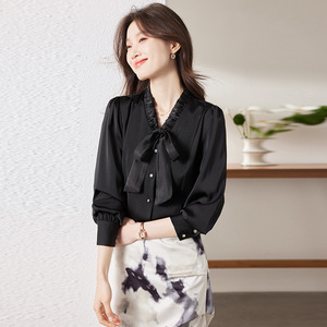 Women's White Blouse With Bow Tie Long Sleeve Solid Color Office Shirt Poplin Fabric Q9952 - Product Image 4