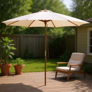 Sombrilla de Patio de 3 Metros, Lona Beige, Elevación Manual, Protección Solar para Exteriores, Poste de Madera, Diseño Tradicional - Product Image 2