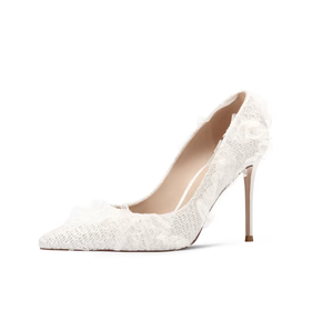 Scarpe da Donna Personalizzate dal Produttore, Nuove, Romantiche, in Pizzo <span class=keywords><strong>Bianco</strong></span> <span class=keywords><strong>con</strong></span> Applicazioni Floreali, Punta Affusolata e <span class=keywords><strong>Tacco</strong></span> a Spillo - Product Image 1