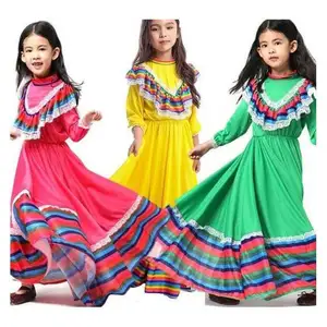 Crianças Performing Vestuário Meninas Mexicanas Vestido De Dança Grande Swing Vestido Traje De Palco Étnico Role Play Traje