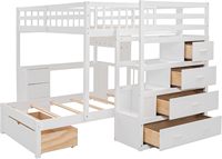 Lit superposé en bois double avec bureau, tiroirs et étagères, cadre de lit superposé en forme de L avec escalier de rangement pour enfants, adolescents et adultes