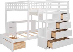 Lit superposé double en bois avec bureau, tiroirs et étagères, cadre de lit superposé en forme de L avec escalier de rangement pour enfants, adolescents et adultes - Product Image 4