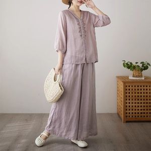 Women's Cotton <b>Linen</b> Two Piece <b>Set</b> V Neck Wide Leg Pants Casual Loose Fit Breathable Three Quarter Sleeve Top Outfit - Product Image 2