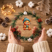 Karangan Bunga Natal Jarum Pinus Buatan Semi-Handmade Ganglong Terbaru dengan Hiasan Beruang 18cm Gaya Eropa Amerika untuk Pintu