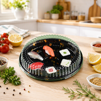 Plateau à sushi jetable japonais personnalisé, boîte à sushi ronde en plastique PP noire, conteneur alimentaire avec couvercle anti-buée, impression UV
