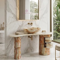Table console incurvée en onyx vert translucide de luxe avec tiroirs intégrés, table de hall en pierre pour entrée de villa, décoration de hall d'hôtel