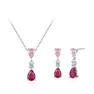 Teardrop Pink <b>Ruby</b> Zircon 2Pcs Jewelry Set Dangle Drop <b>Necklace</b> Earrings Women Bridal Wedding Jewelry Set - Product Image 1