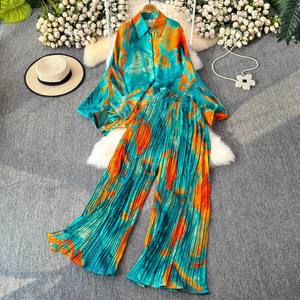 Camisa holgada con estampado de manga farol para mujer, pantalones de pierna ancha plisados de cintura alta, conjunto informal de 2 piezas, moda Sehe - Product Image 1