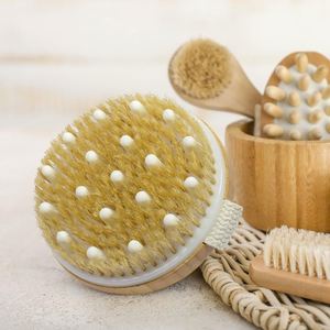 Natural Wood Oval Fashion Dry Body Massage Brush with Copper Bristle Long Wet <b>Scrubber</b> for Cellulite <b>Face</b> Skin Bath Home Use - Product Image 4
