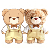 Ours en peluche vintage pour gentleman, marron, moelleux, avec nœud papillon, chemise blanche et salopette rayée jaune