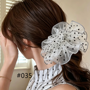 Elastico per capelli coreano in tulle trasparente con pois neri, per coda di cavallo - Product Image 3