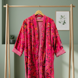 Kimono long en velours imprimé floral rose, écologique, pour femme, avec ceinture, robe de chambre à manches longues, style printemps - Product Image 1