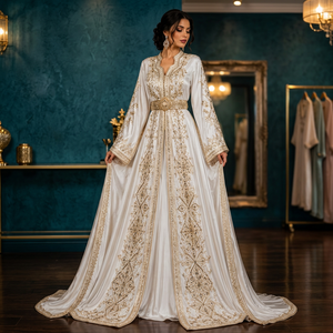 Elegant Embroidered Polyester Non-Stretch <b>Abaya</b> <b>Dress</b> Floor Length V Neck Long Sleeve Geometric Pattern Wedding Women Middle - Product Image 3