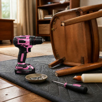 Perceuse sans fil rose et kit d'outils avec acier inoxydable 201 et mallette rigide pour l'assemblage et la réparation de meubles domestiques