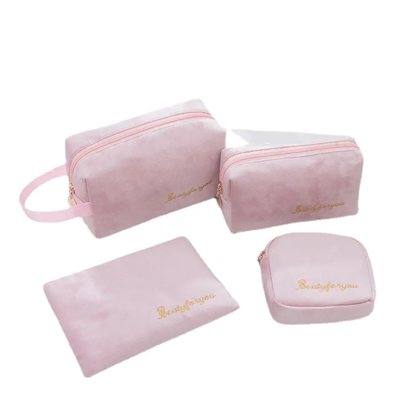 Custom Logo Soft Velvet Makeup Bag Pouch Multifunctional Soft Nylon Toiletry Bag Velvet Cosmetics Bag Set With 4 pcs