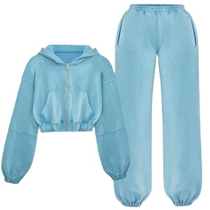 Ensemble de survêtement 2 pièces pour femme, style vintage, délavé à l'acide, comprenant un sweat à capuche court zippé et un pantalon jogger, coupe oversize streetwear, manches <span class=keywords><strong>ballon</strong></span> et poignets élastiques - Product Image 1
