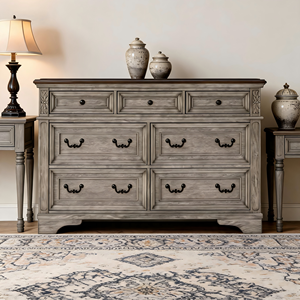 Rustic Gray Finish 7-Drawers Wood+Iron <b>Sideboard</b> Classic Carved <b>Storage</b> for Living Room Dining Room Kitchen Bedroom Hotel - Product Image 1