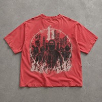 Kaos Pria Vintage 100% Katun Mineral Wash Destroyed Sun Faded Digital Print Merah Model Boxy Punk Distressed Lengan Pendek