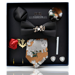 Ensemble de boutons de manchettes et cravate tissée, boîte à carreaux en or, avec boutons de manchette, 2019, vente d'usine - Product Image 1