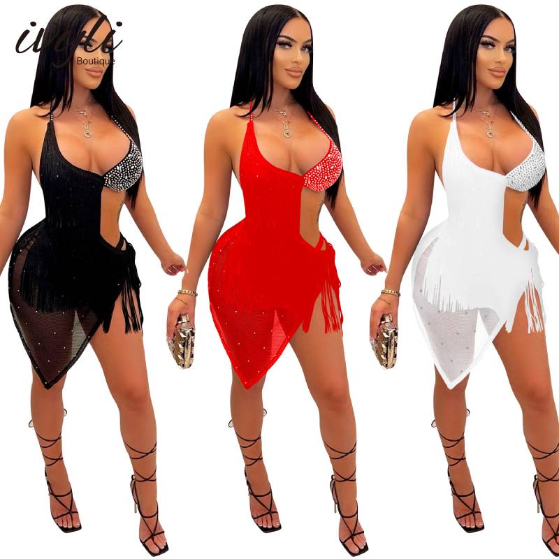 Европейское и американское модное женское платье большого размера для ночного клуба, сексуальное платье на бретельках с кисточками и открытой спиной, Клубная мини-юбка