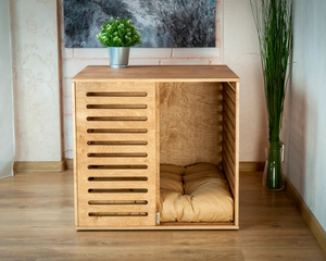 Cage et lit pour chien en bois moderne d'intérieur, meubles rétractables et mobiles - Product Image 1