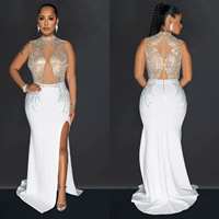 Robe longue fendue LQ C6860 grande taille pour femme, couleur unie, en maille, ornée de strass et de paillettes, idéale pour les soirées en club