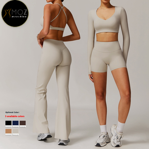 Ensemble de yoga 2 pièces pour femmes-tenue de fitness-<span class=keywords><strong>col</strong></span> en <span class=keywords><strong>V</strong></span> court haut à manches longues et pantalon évasé Bootcut pour la course de yoga - Product Image 1
