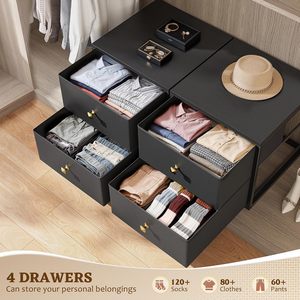 <span class=keywords><strong>Commode</strong></span> autoportante noire avec structure métallique, plateau en <span class=keywords><strong>bois</strong></span>, 4 tiroirs en tissu. Rangement empilable pour placards, convient aux chambres <span class=keywords><strong>et</strong></span> aux espaces sous le lit. - Product Image 2