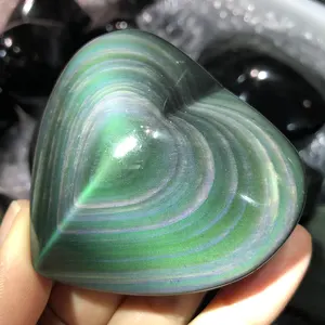 Harga Pabrik Ukiran Tangan Disesuaikan Warna Pelangi Alami Hitam Obsidian Hati Kristal