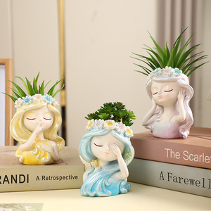 Maceta con Forma de Rostro de Resina, Linda Maceta con Cabeza de Chica Pintada <span class=keywords><strong>a</strong></span> <span class=keywords><strong>Mano</strong></span> con Orificio de Drenaje, Ideal para Plantas de Interior y Decoración de Escritorio - Product Image 2