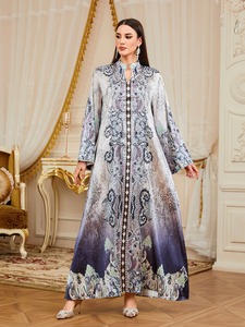 Vestido Islámico Maxi de Satén de Poliéster, Antiencogimiento, con Estampado Paisley Degradado en Azul, Plisado, para Mujeres Adultas, Estilo Modesto, Gran Venta - Product Image 6