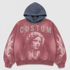 Rhinestone Graphic <b>Hoodie</b> Acid Washed <b>Red</b> Cotton Pullover Contrast Hood Oversized Fit Distressed Streetwear Custom Men <b>Hoodie</b> - Product Image 1