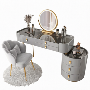 Console de maquillage moderne avec miroir lumineux rond, meuble de rangement en bois massif, table de toilette pour chambre à coucher - Product Image 1