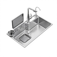 Évier de cuisine sous plan MOSHE 316L fait main, rectangulaire, simple bac, en acier inoxydable satiné épaissi, avec panier de rangement et robinet