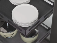 Panier coulissant en métal gris à deux niveaux pour armoire de cuisine avec poignées latérales et rails coulissants
