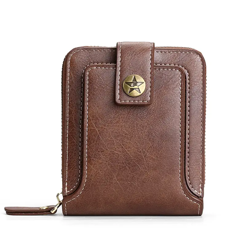 YM New Men Purse Short Fashion Retro Multifunctional Wallet Zipper Buckle Trifold Leather Wallet