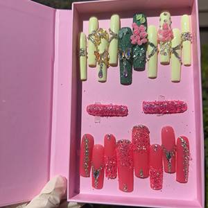 Lot de 10 faux <span class=keywords><strong>ongles</strong></span> en gel peints à la main, magnifiques, de luxe, design personnalisé, faits à la main, à presser - Product Image 1