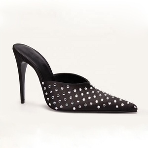 Crystal Rhinestones Big Size 45 Women on <b>Sandals</b> Dress Stiletto Party Shoes Thin High Heels Wide Fit Mules Slides - Product Image 4