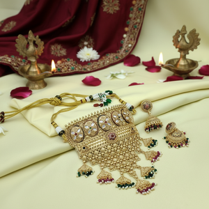 Ethnic Traditional Temple Design Bridal Engagement Wedding Anniversary Party Flower Zircon <b>Gold</b> Plated Choker <b>Set</b> Jhumka - Product Image 3
