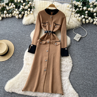 Robe élégante pour femmes, tricotée, à manches longues, style A, décontractée, avec ceinture, boutons décoratifs, poches, pour un usage quotidien, robes pour femmes