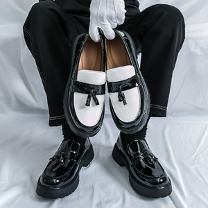 Zapatos de vestir de cuero PU, zapatos mocasines informales con borlas, suela gruesa de rejilla blanca y negra, zapatos de charol con plataforma sin cordones - Product Image 4