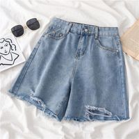 Shorts en jean déchirés taille haute pour femme, style délavé et bords bruts, polyvalents, grandes tailles, collection très prisée