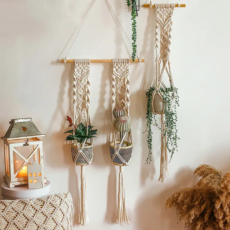 Boho Outdoor Home Decoração Algodão Corda Interior Suspensão Suporte Duplo Macramé Planta