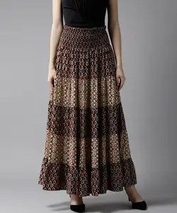 Coffee Brown & Beige Ethnic Print Maxi Tiered Skirt Custom Long Tiered Skirt