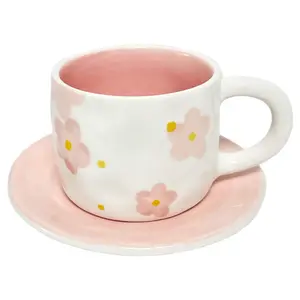 Sıcak satış arap 250ml el boyalı pembe çiçek sevimli tarzı kahve kupa tabağı