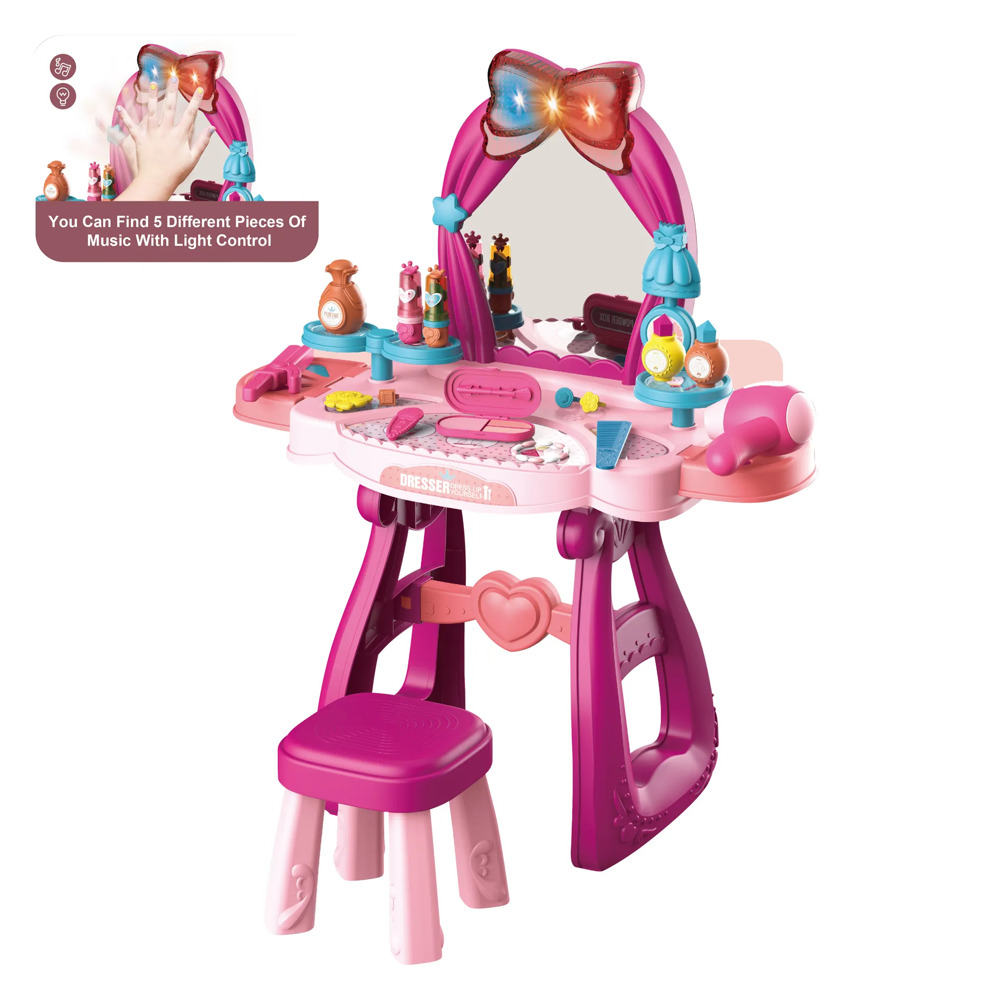 2023 Luxury new design games girls plastic dresser makeup toys intellisense trasforma cinque diversi tipi di musica