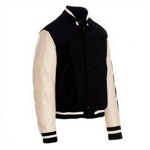 Veste universitaire noire pour homme avec manches en PU crème, col rabattu, manches classiques, vêtement d'extérieur d'automne, style décontracté - Product Image 1